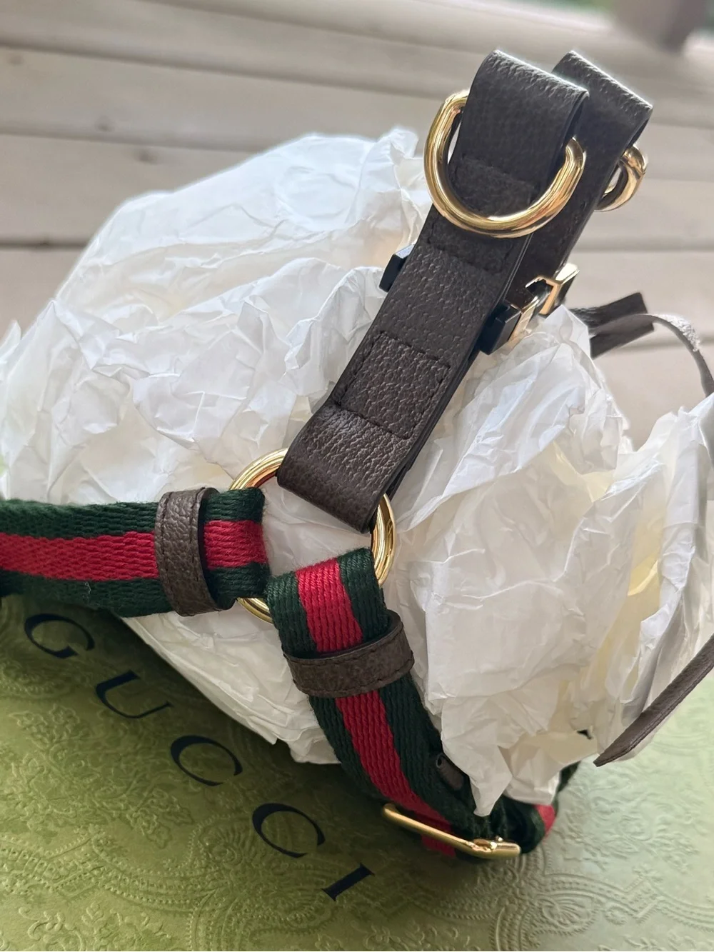GUCCI Web Stripe S/M Faux Leather Dog Harness NEW